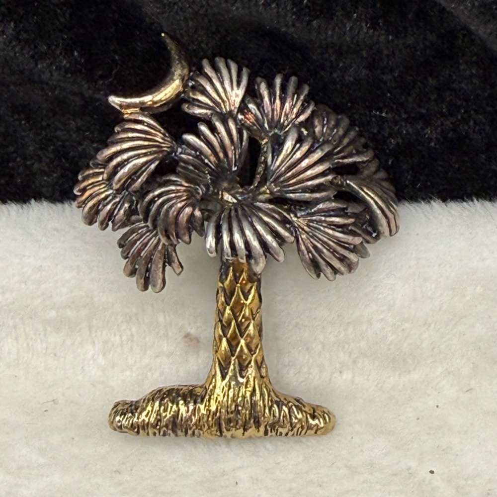 Vintage MJ Brooch Gold Silver Tone Palm Tree Moon Pendant Bale